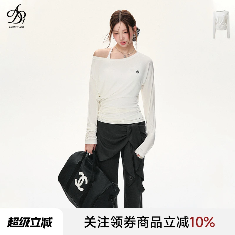 ANDYET AD1 原创斜肩抽皱长袖T恤收腰百搭宽松一字肩时尚防晒罩衫