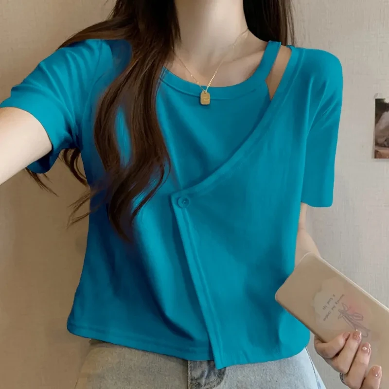 2025夏新款遮肚显瘦时尚设计感洋气小众别致正肩镂空小衫上衣女