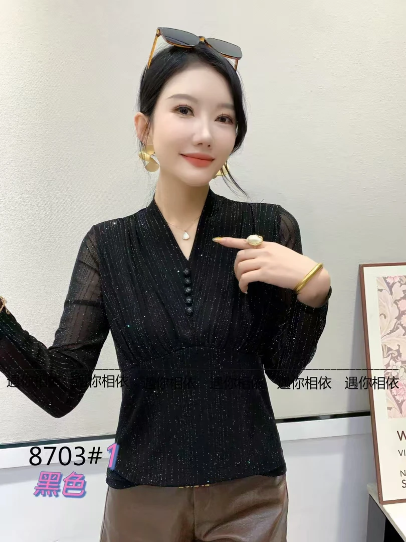 春季薄款镂空网纱V领拼接网纱性感修身百搭上衣黑色洋气时尚显瘦