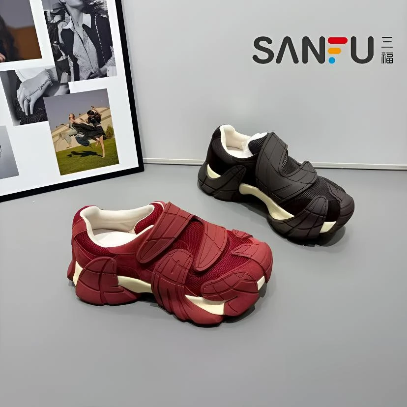 三福欧洲站2025秋季休闲魔术贴运动鞋新款厚底个性八爪鱼老爹鞋女
