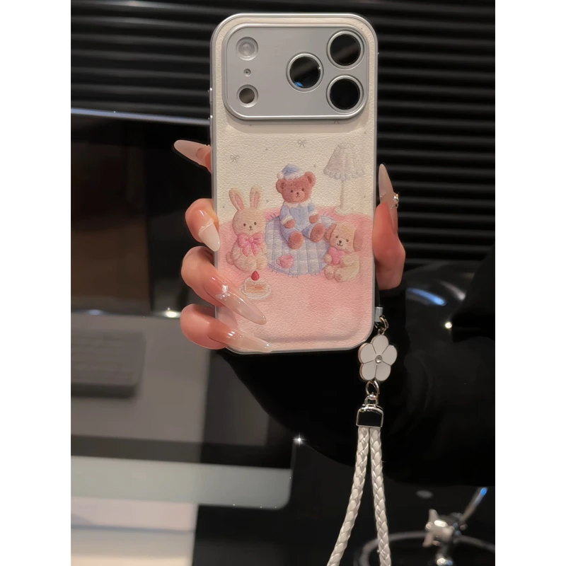 毛绒蛋糕小熊适用苹果17p手机壳16pm华为p70金属皮纹简约小米17女
