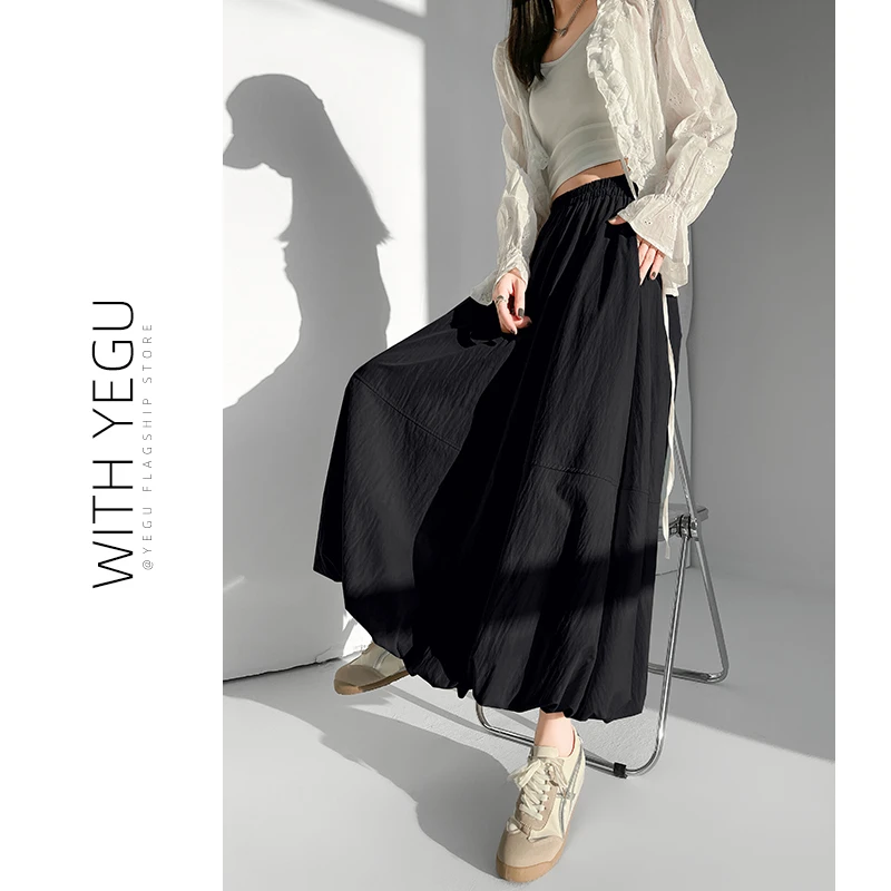 黑色花苞裙半身裙女春夏秋小个子美式工装裙中长款a字蓬蓬灯笼裙