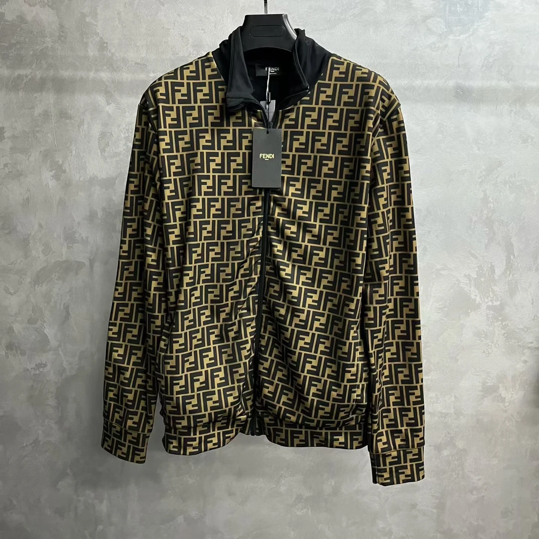 99新 FENDI/芬迪 深棕色复古FF印花拉链夹克外套/xxl