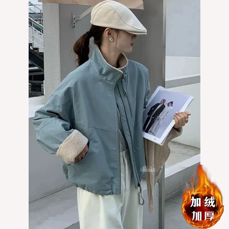 直销-仿羊羔毛短款派克服女小个子2024冬季韩版休闲宽松棉服短外