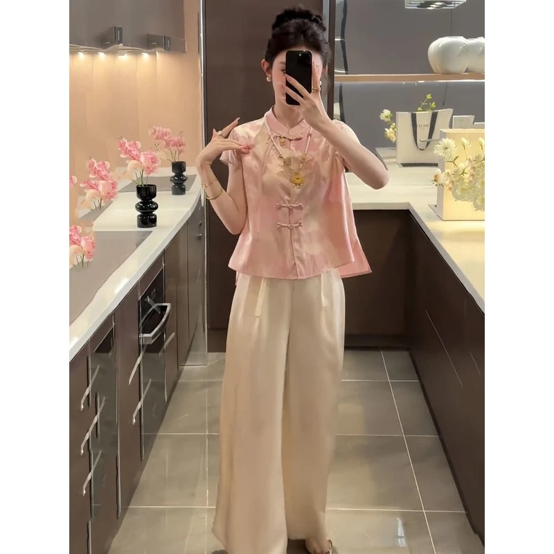 2025年夏季新款高级感新中式提花气质盘扣上衣休闲阔腿裤两件套潮