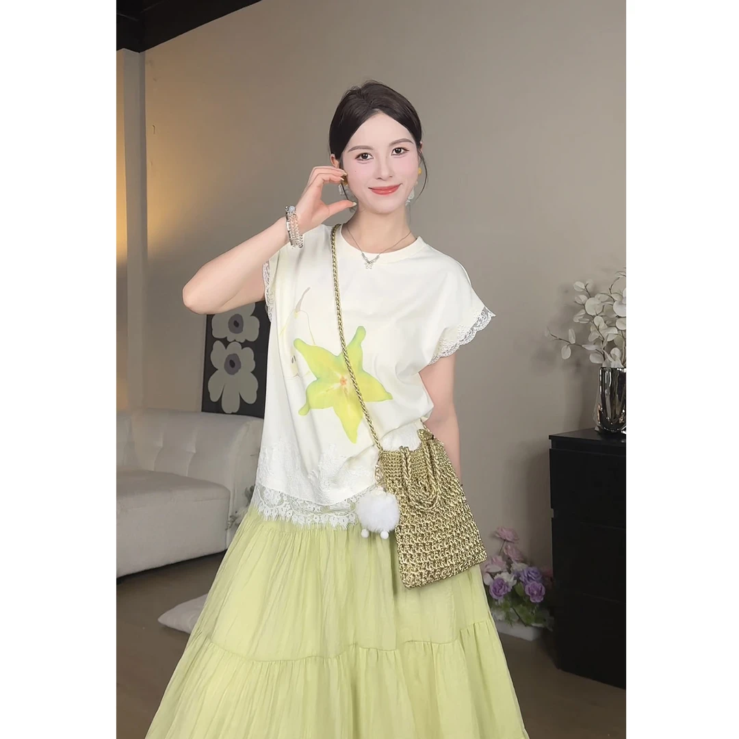 YAMM~夏季新款复古蕾丝拼接印花上衣宽松百搭圆领T恤