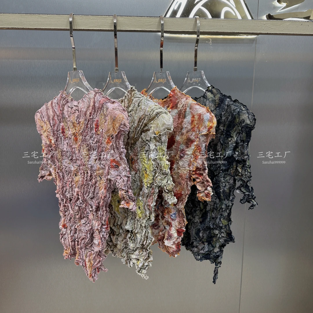 三宅褶皱夏季新款重工乱褶短袖高级感上衣扎染油画印花显瘦T恤