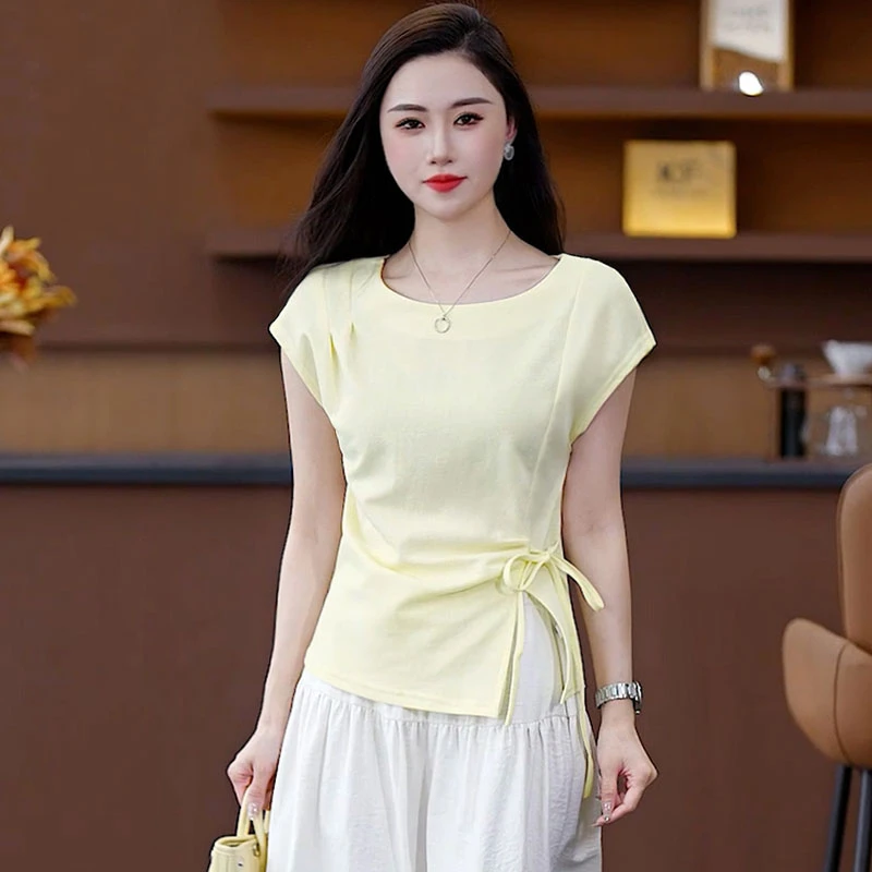 洋气打底衫上衣设计感侧开叉绑带褶皱收腰短袖T恤女2025夏季