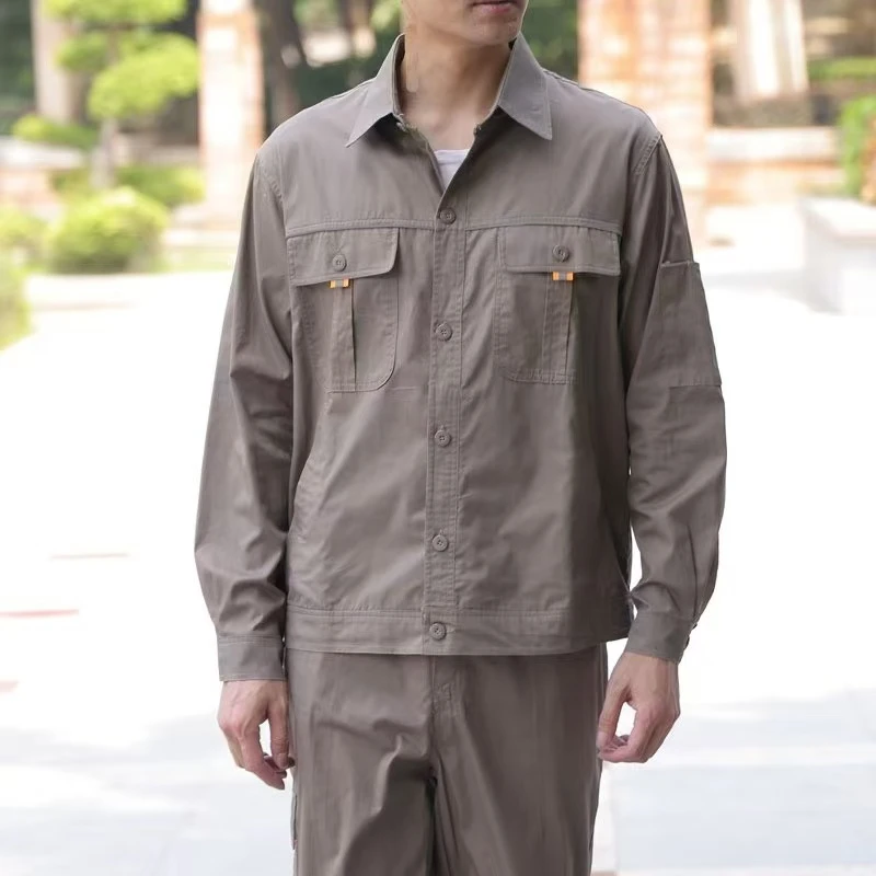 夏季纯棉耐磨耐脏薄款工作服套装男电工焊工防烫纽扣长袖劳保服装