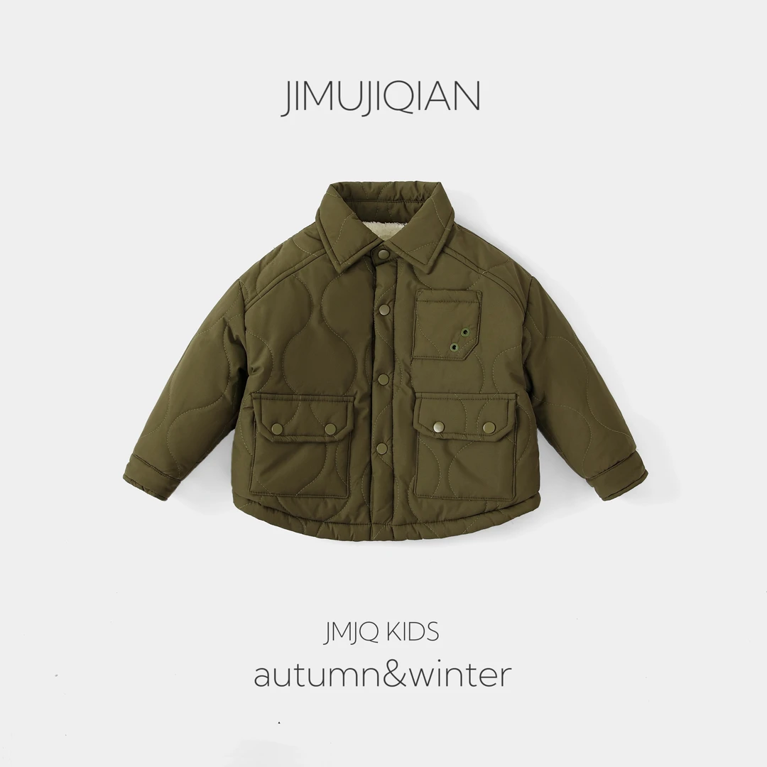 【JMJQ 231039】秋冬季儿童港风工装风绗棉翻领加毛翻领外套