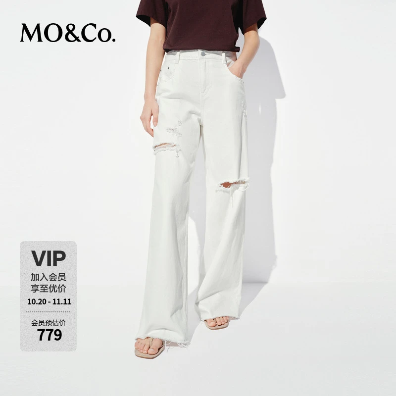 MOCO牛仔裤2025夏新品手磨破洞烂边中低腰直筒白色棉质MBE2JEN004