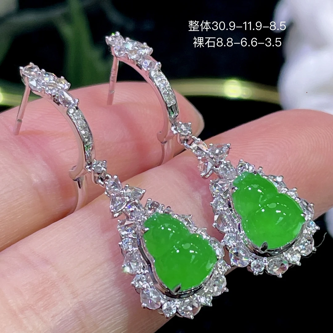 高端翡翠天然缅甸A货18k金镶嵌钻石阳绿色辣绿色满绿葫芦耳坠