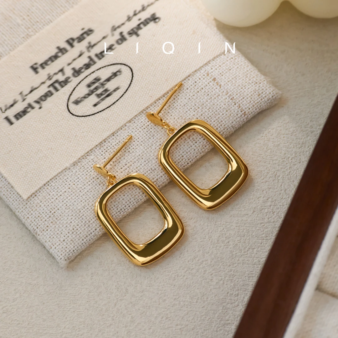 丽沁 925银耳饰 几何圆弧方形银耳钉精致高级感镂空法式气质耳环