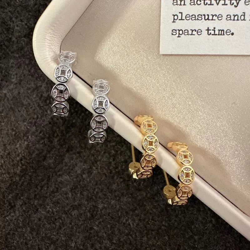 925银合成锆石耳饰 新中式铜钱C圈耳钉时尚个性简约款3020