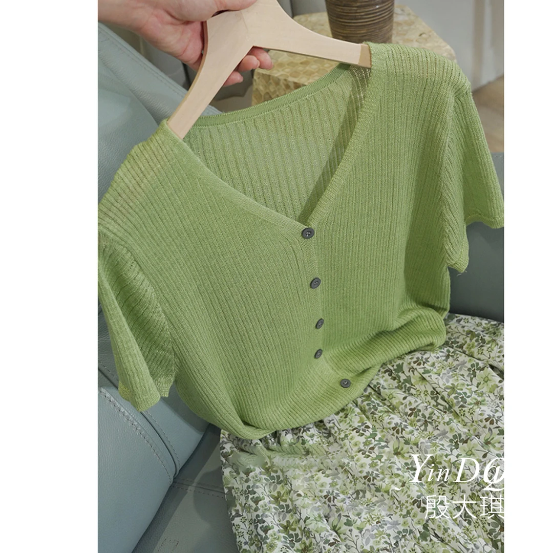 夏季薄款清爽透气 针织开衫短袖上衣女1812