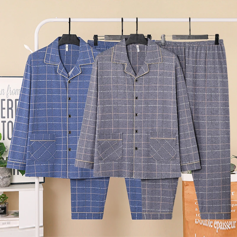 实体店品质耐看纯色格纹睡衣男士长袖春秋冬薄款显年轻家居服套装