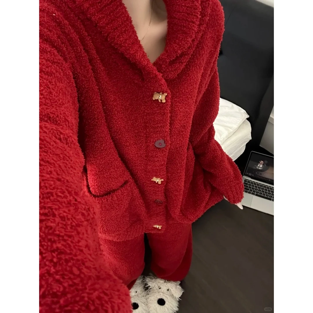 韩系圣诞新年红半边绒睡衣女冬季新款针织开衫保暖加厚家居服套装