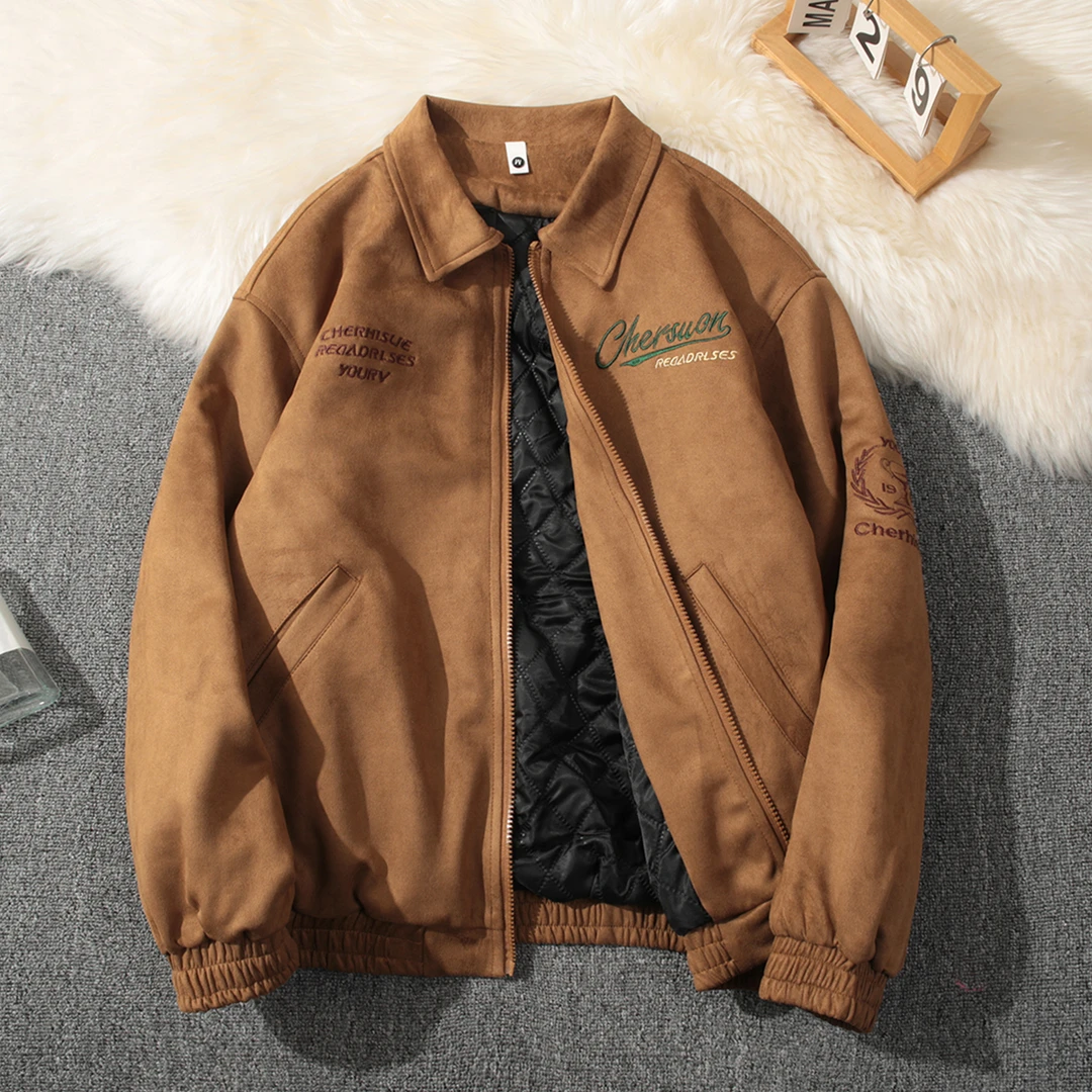 秋冬新款美式复古夹棉夹克外套保暖麂皮绒刺绣工装男加厚棉衣上衣