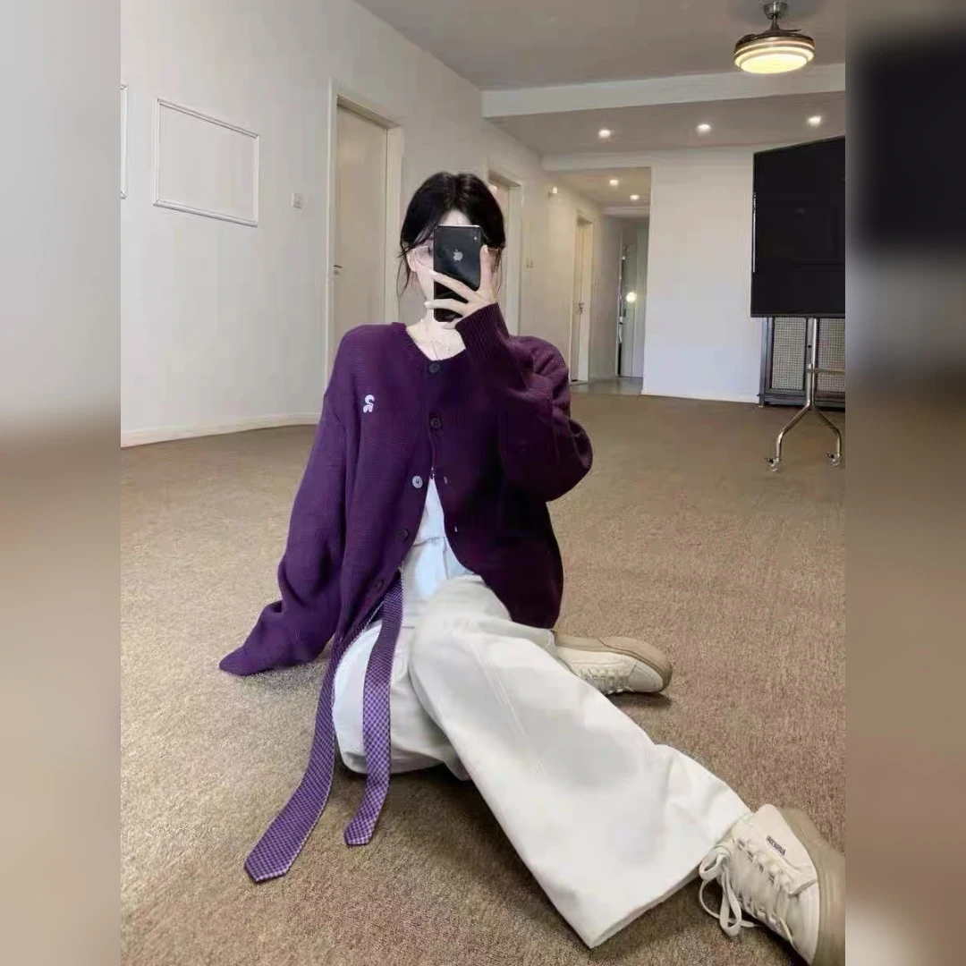 2025早秋新款超显白紫色毛衣开衫外套女秋季休闲宽松针织开衫上衣