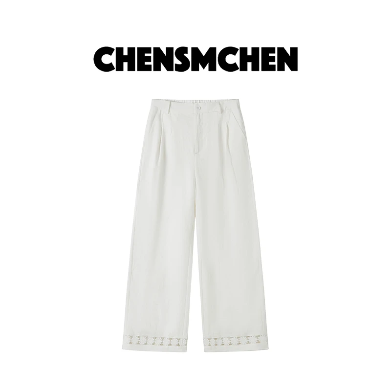 CHENSMCHEN 100亚麻纯色简约镂空裤子女春夏百搭休闲裤CSK4018MX