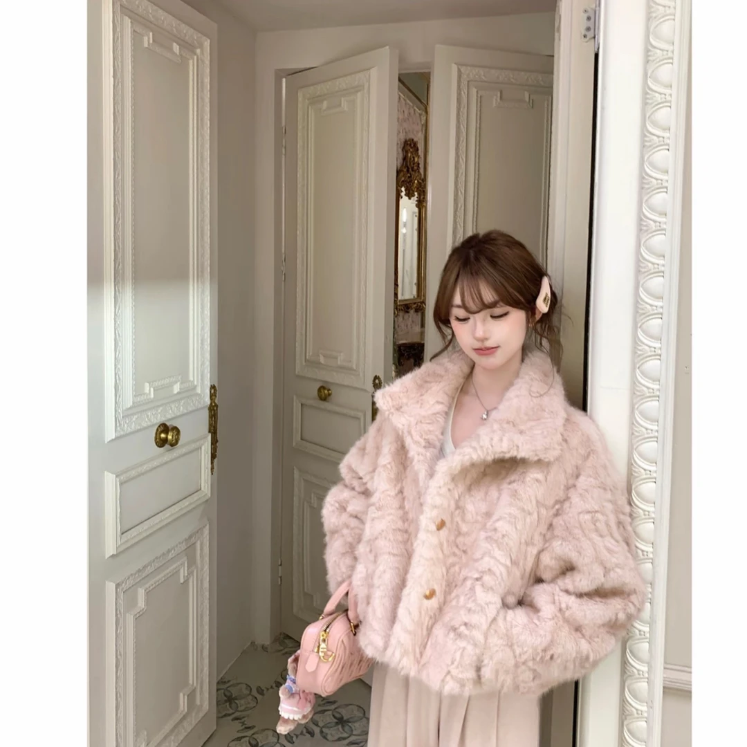 Q105853-冬日时尚立领翻领加厚毛毛短款高级感外套女款