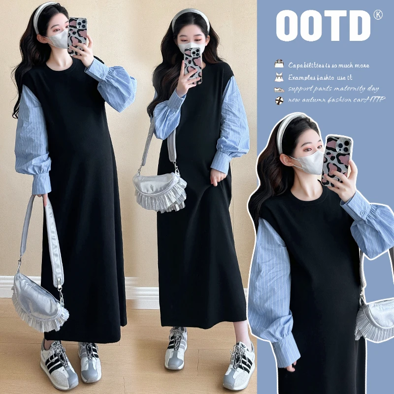 孕妇连衣裙2025早春新款假两件针织衬衣袖裙宽松显瘦拼接中长裙子