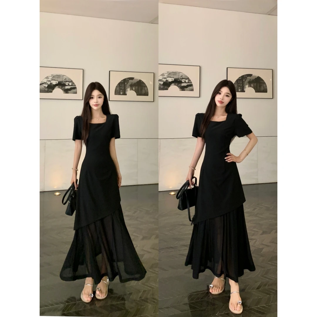 微胖妹妹大码女装2025韩版气质方领显瘦遮肚子网纱拼接小黑裙子潮