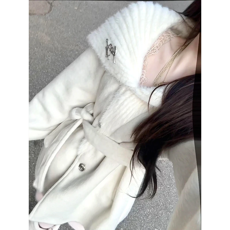 法式中长款白色毛衣拼接毛呢外套女秋冬高级感超好看气质收腰大衣