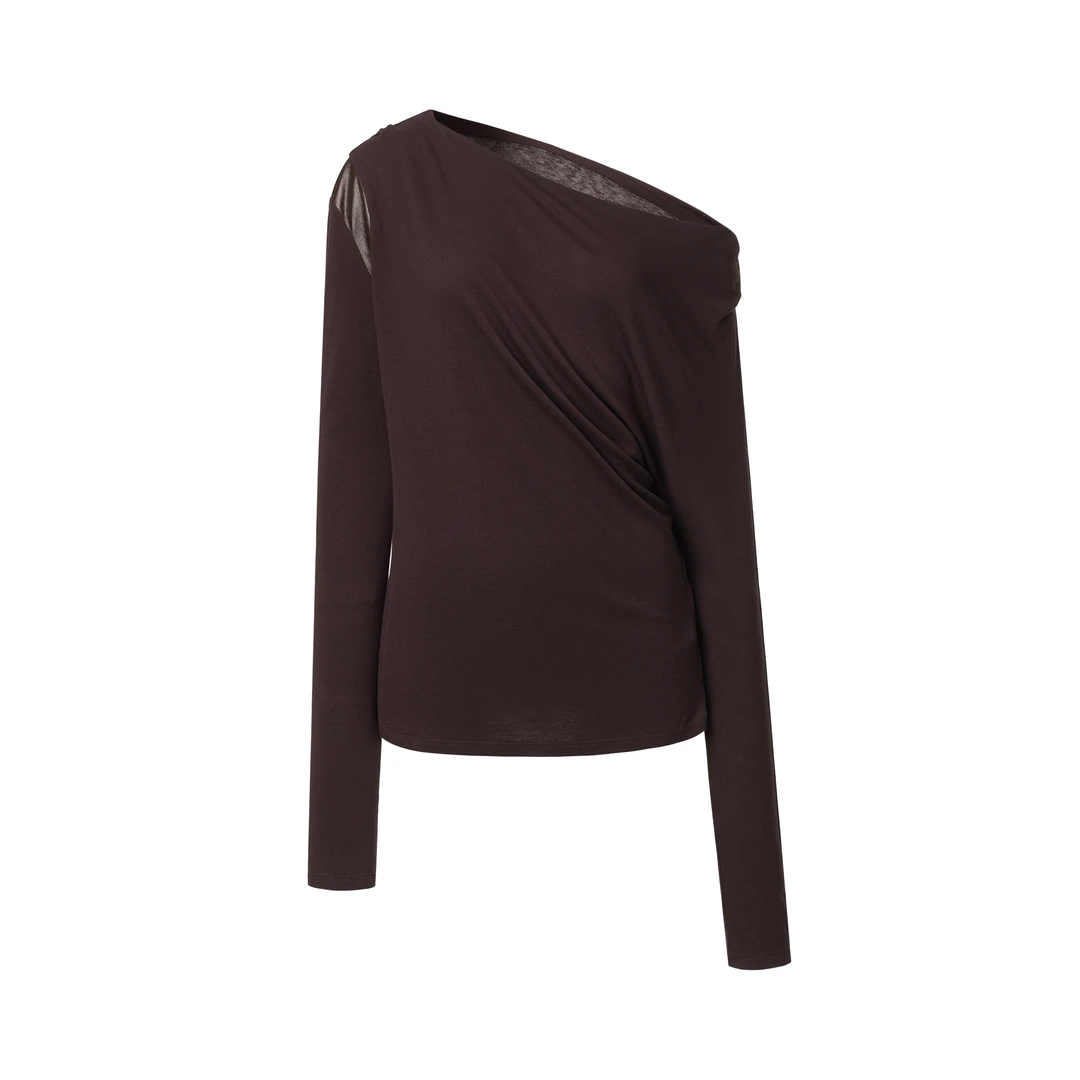 YIRANTIAN 设计师品牌 咖色斜肩拼接长袖上衣 IX买手店