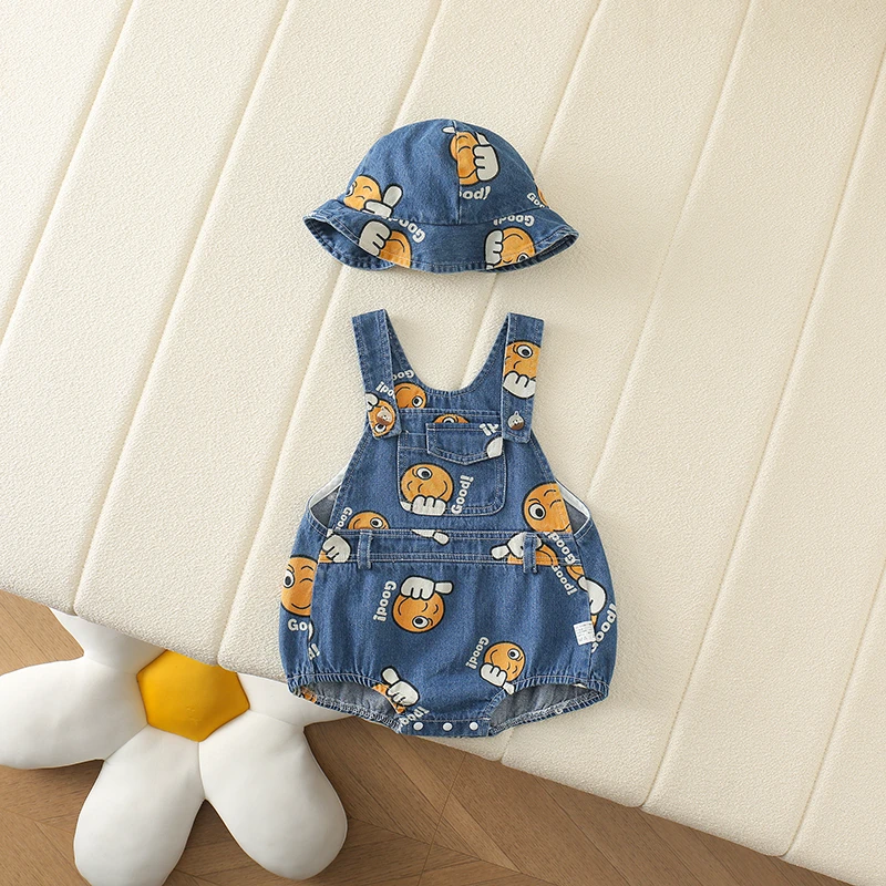 2025夏季婴幼儿薄款男宝宝时尚潮流无袖爬服可爱笑脸背带裤包屁衣