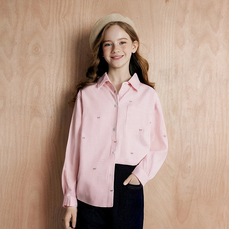 笛莎官方童装衬衫女童时尚春秋新款竖条纹学院风长袖上衣韩版翻领