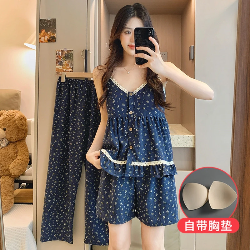 夏季女短袖睡衣家居服套装夏天碎花韩版三件套带胸垫少女甜美