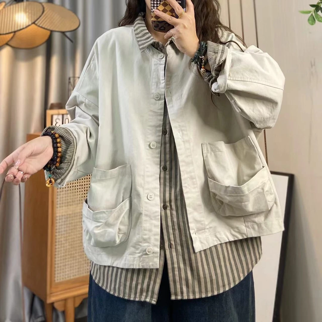 欣欣 春季新款圆领长袖水洗棉外套女宽松百搭显瘦