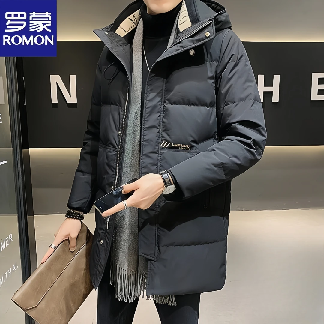 罗蒙男士冬季中长款新款轻薄连帽上衣潮牌加厚外套男冬装商务袄