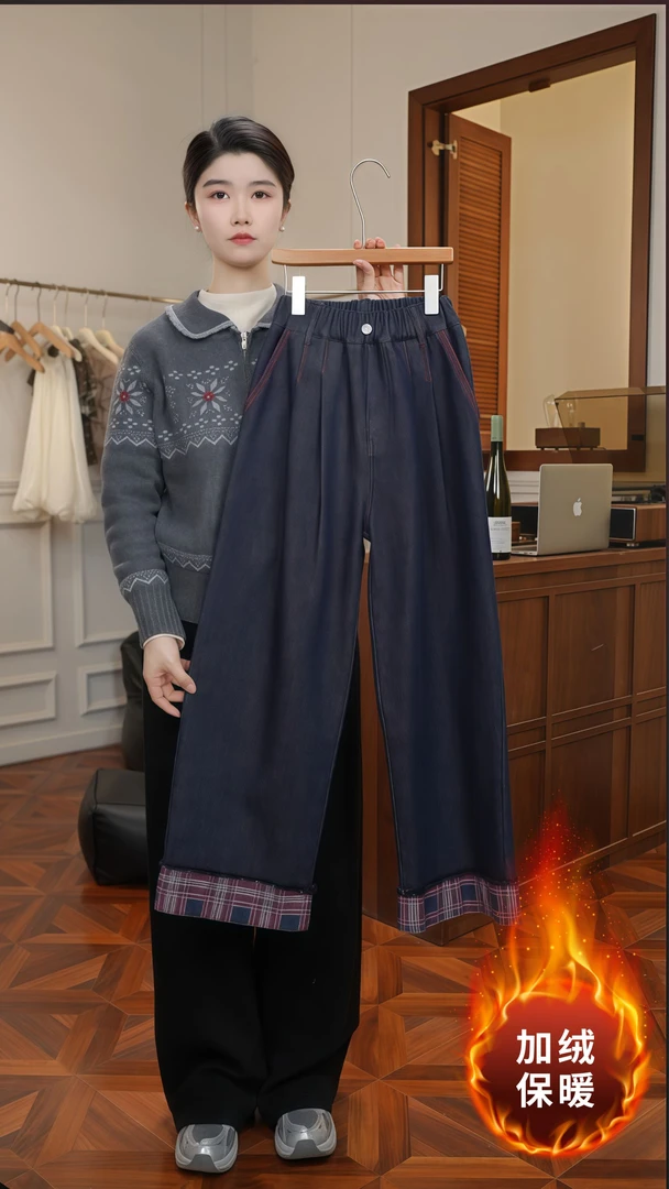 【LR】女大童牛仔裤加绒加厚冬季裤子青少年女孩窄版直筒裤冬