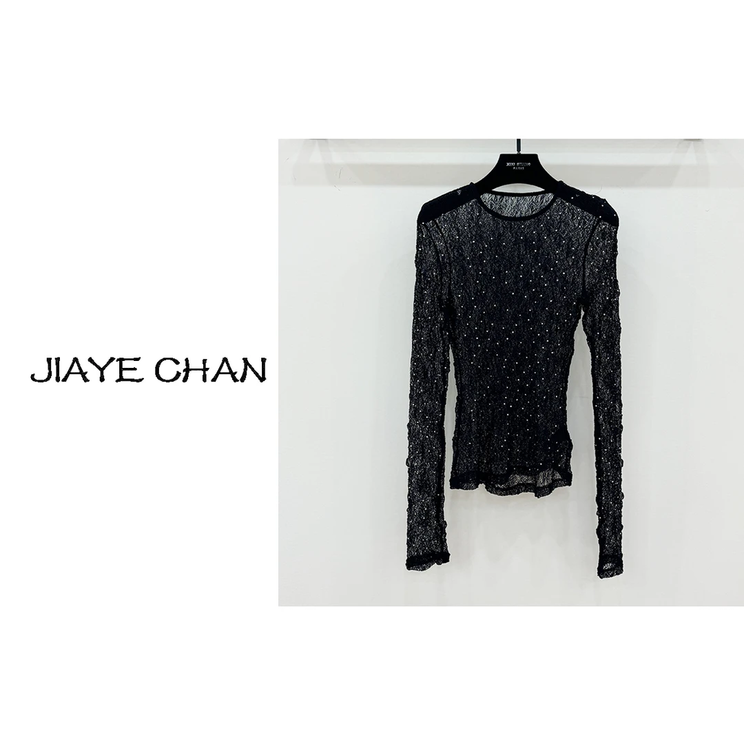 JIAYE CHAN气质小众新款美式亮钻烫钻蕾丝长袖打底衫女上衣