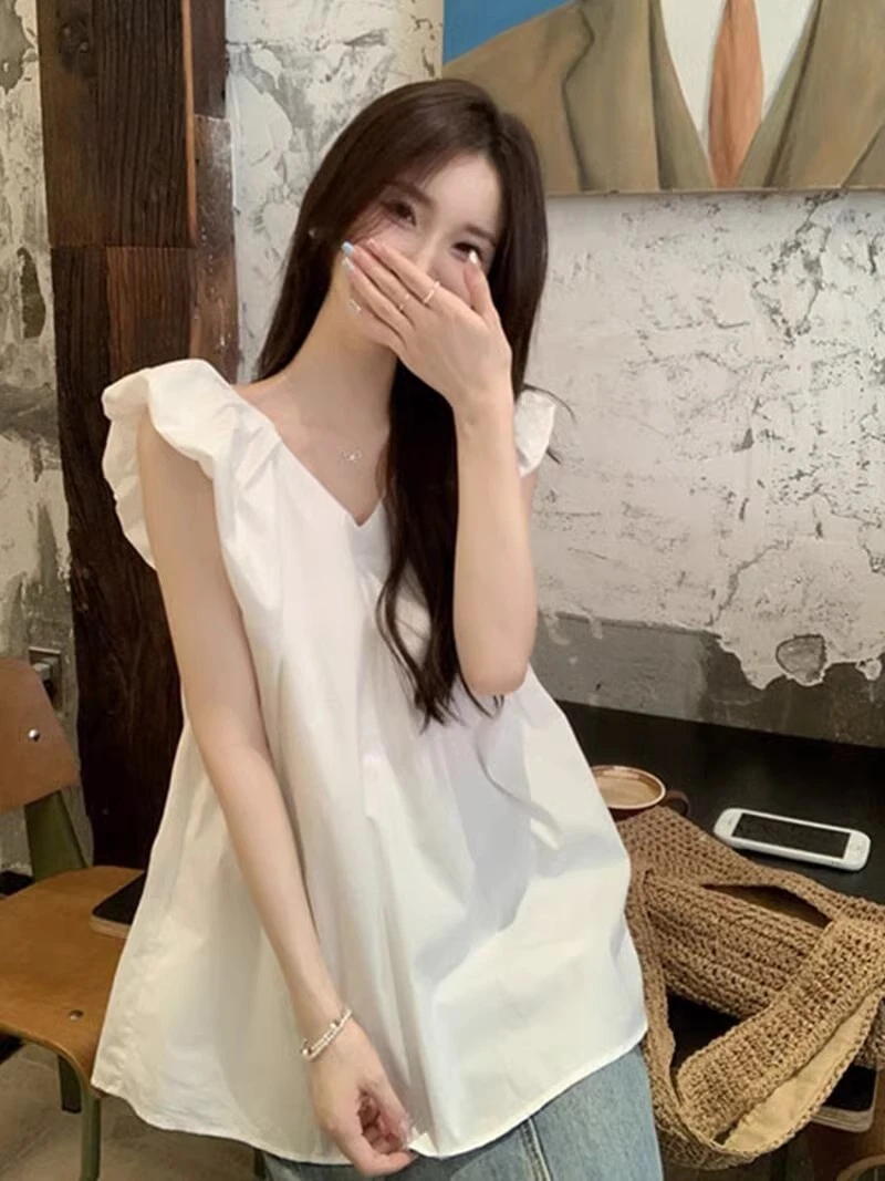 法式慵懒风白色v领无袖衬衫背心女夏中长款露背娃娃衫小飞袖上衣