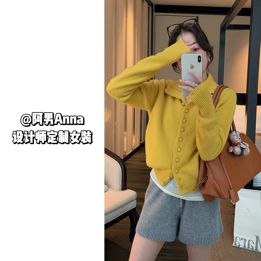 「阿男Anna」十三粒扣   韩系高领显瘦秋冬高级感针织开衫9001
