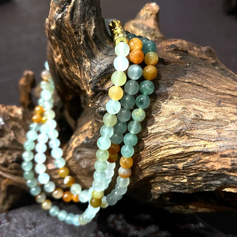 缅甸天然翡翠珠宝红黄蓝翡冰种三彩多宝小米珠子手链颈链时尚气质