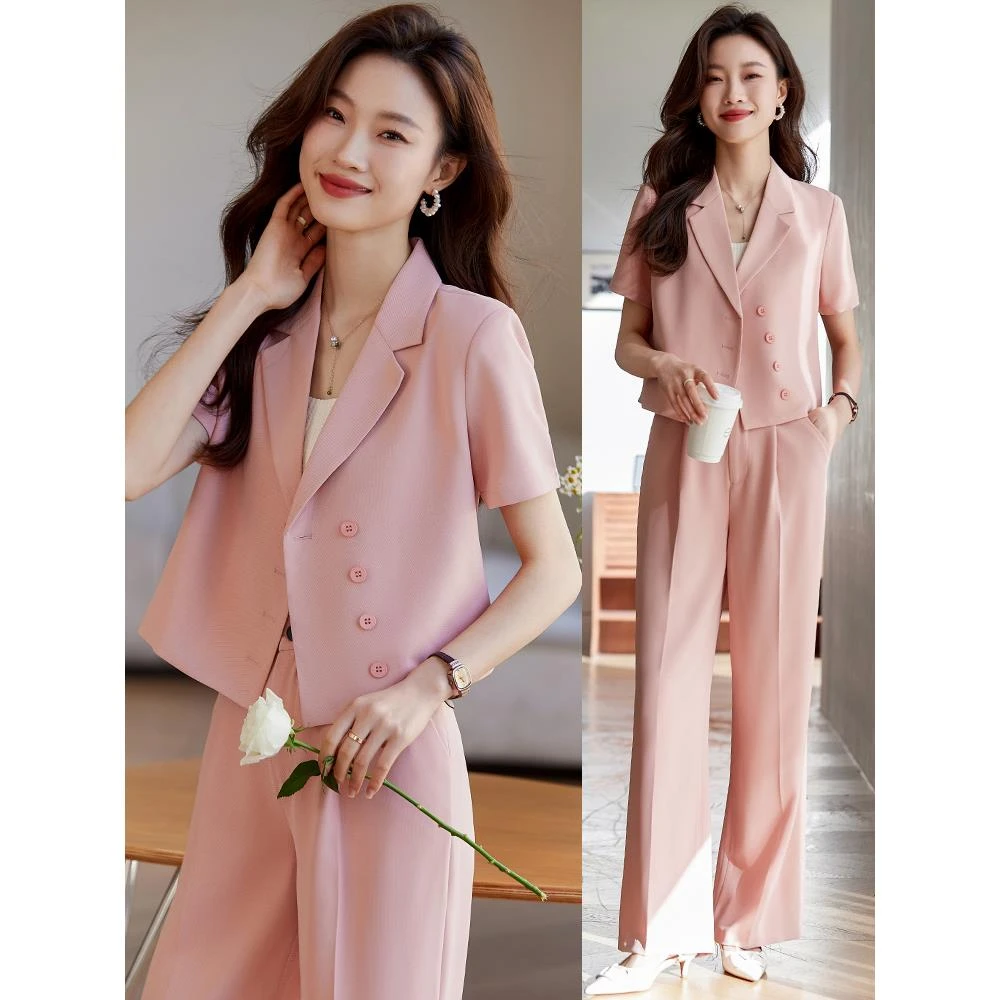 粉色西装女士夏季职业时尚气质女神小个子休闲短袖西服薄款外套