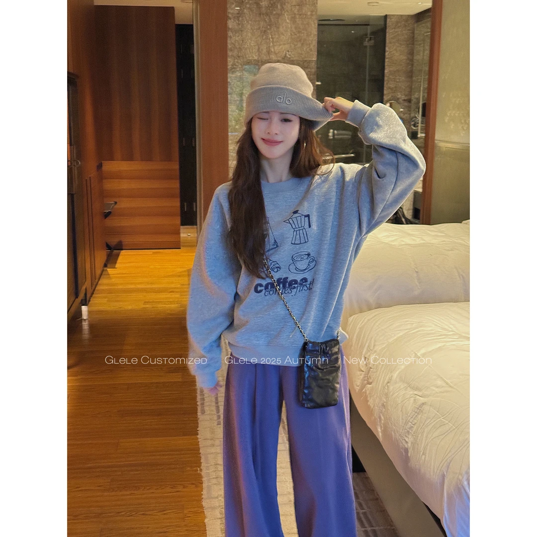 Glele私服【coffee卫衣】下午茶图案印花美式复古套头卫衣