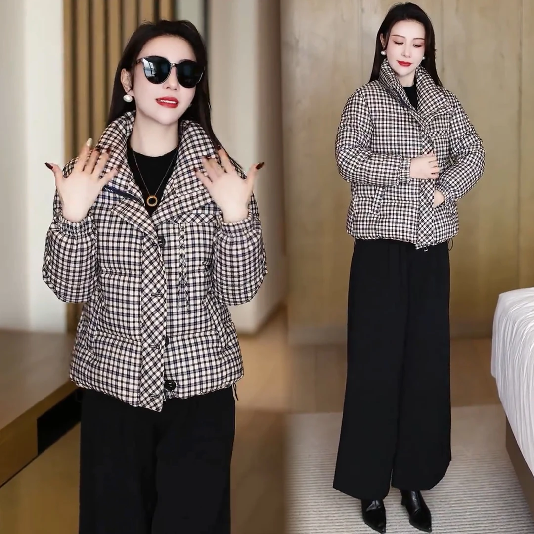 时尚格子立领百搭棉服女2025冬季新款洋气小个子加厚保暖面包服潮