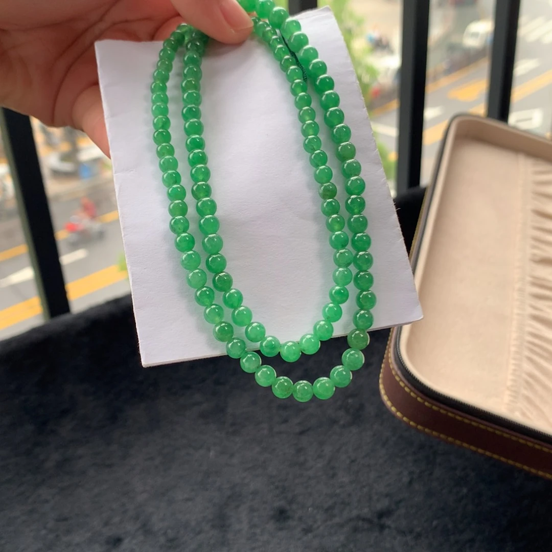 翡翠手镯未镶嵌6cm冰绿珠链