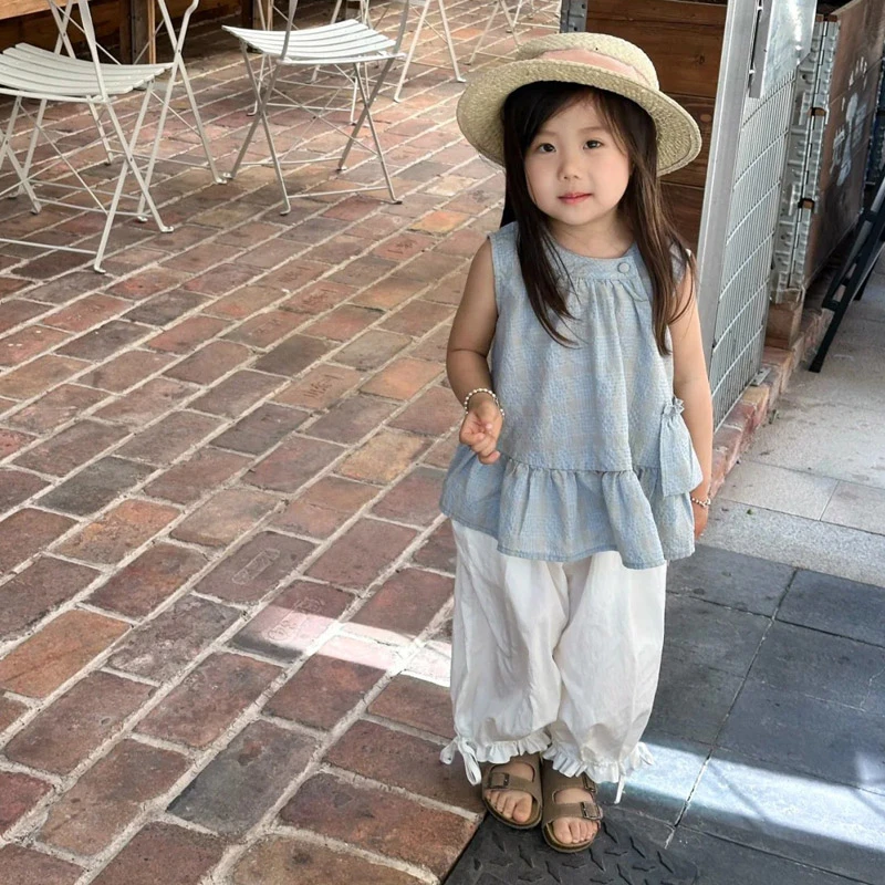 女童套装夏季童装2025新款女孩宽松阔腿休闲裤儿童花边格子背心薄