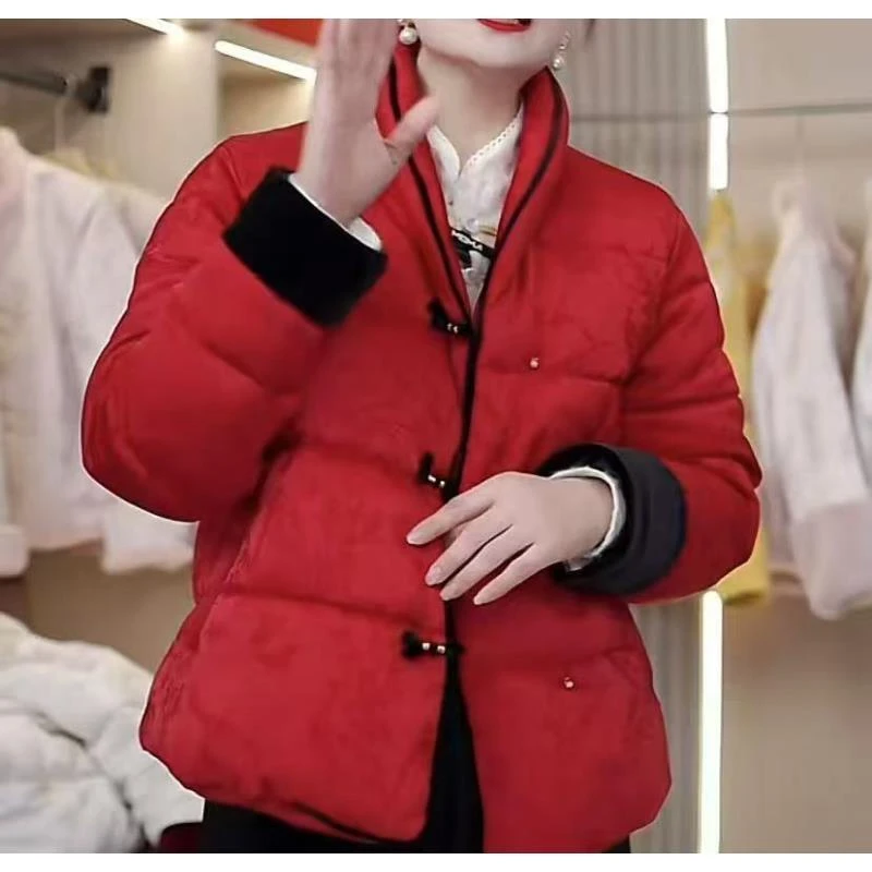 新中式盘扣提花撞色短款棉服2025冬季新款时尚减龄加厚高级感棉衣