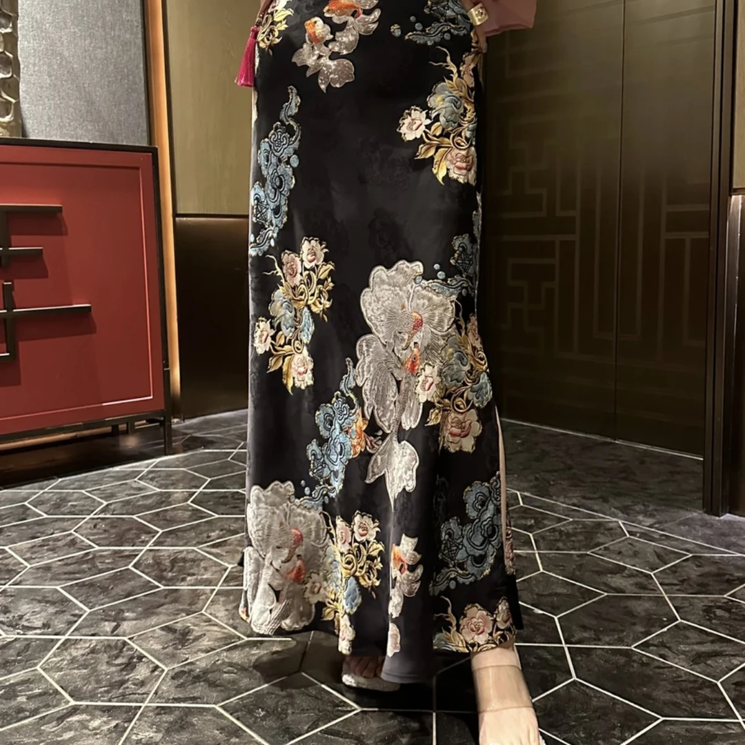 含香服饰【银色锦鲤】定制斜裁重工提花缎面鱼尾摆半身裙夏季长裙