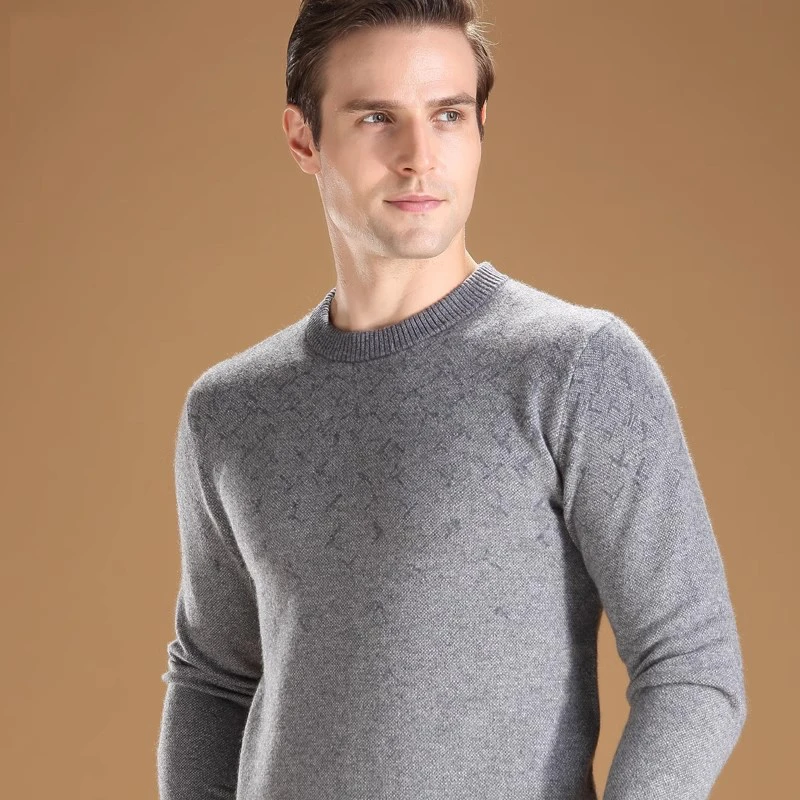 专柜同款男100纯羊绒圆领冬季中年纯色针织提花山羊绒毛衣