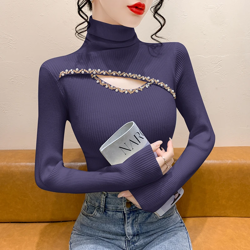 气质高领重工钉珠镂空针织衫女秋冬高级感内搭毛衣打底衫独特上衣