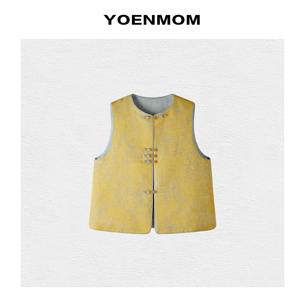 YOENMOM·松花黄·春季新品 人丝肌理感提花精致盘扣中式圆领马甲