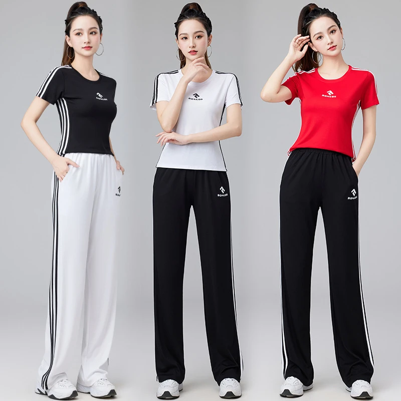 广场舞服装新款套装夏季薄棉有弹性健身操运动修身鬼步舞演出服女